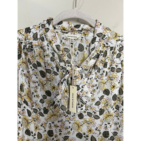 NWT Max Studio Floral Print Shirt Blouse Size XS Front Bow Ruffles - Picture 4 of 10